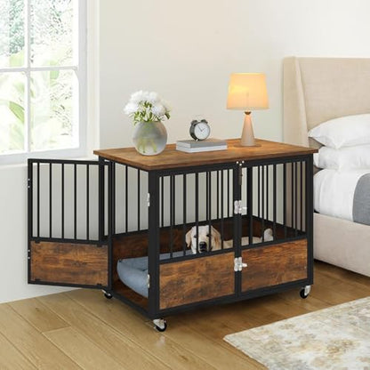 Dog Crate Furniture with Wheels & Double-Doors, Rustic Brown, view 3