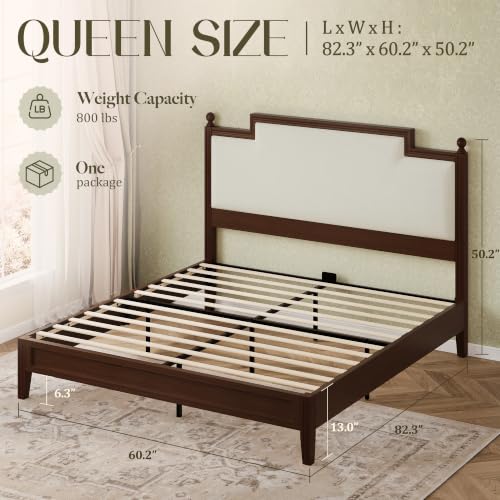 Queen Size Bed Frame with 50.2" Tall Upholstered Headboard, Walnut, view 3
