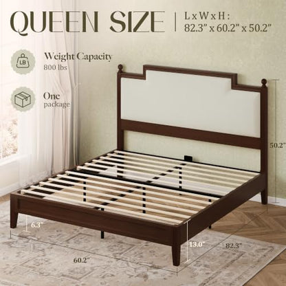 Queen Size Bed Frame with 50.2" Tall Upholstered Headboard, Walnut, view 3