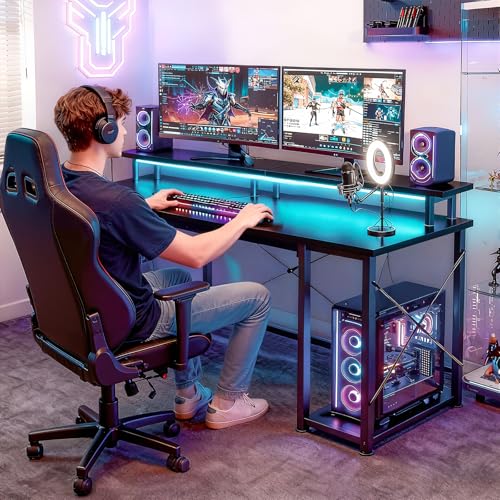55 Inch Gaming Desk with LED Lights & Storage Shelves, Black, view 6
