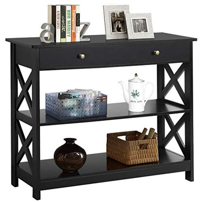 Yaheetech Console Table with Drawer, 39.5 Inch Narrow Sofa Table with Storage Shelves, 3-Tier Wood Entryway Table for Hallway/Living Room/Foyer, Black