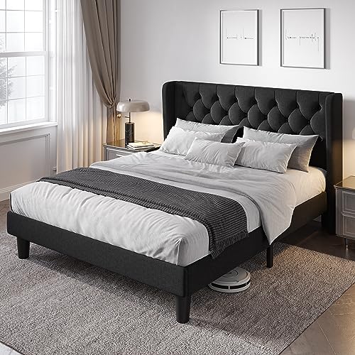Queen Size Bed Frame with Button Tufted Wingback Headboard, Black, view 2