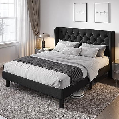 Queen Size Bed Frame with Button Tufted Wingback Headboard, Black, view 2