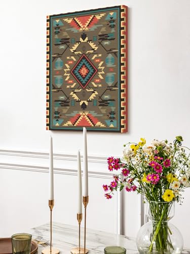 NuYeBiofx Southeast Ethnic Geometric Art Canvas Wall Art Prints,48"x32" Framed Picture Artwork Vintage Tribal Pattern Printed Canvas Oil Painting for Living Room Bedroom Office,Ready to Hang