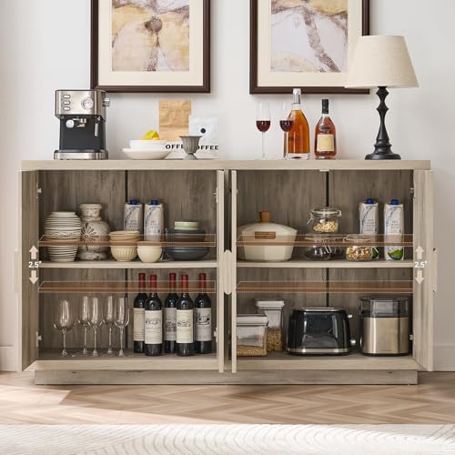 63" Sideboard Buffet Cabinet, Wooden Kitchen Coffee Bar, Light Grey, view 4