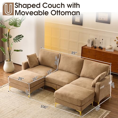 100" W U Shaped Couch with Ottoman, 22" Deep Seat Comfortable Sectional Couches for Living Room, 3 Seater Chenille Fabric Cloud Sofa for Apartment, Small Spaces, Bedroom, Khaki