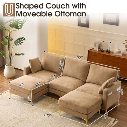 100" W U Shaped Couch with Ottoman, 22" Deep Seat Comfortable Sectional Couches for Living Room, 3 Seater Chenille Fabric Cloud Sofa for Apartment, Small Spaces, Bedroom, Khaki