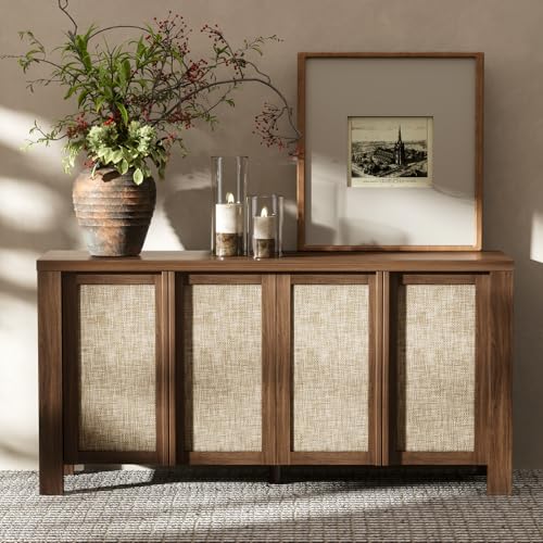 Buffet Cabinet with Storage, 63" Wide Sideboard with Solid Wood Handles and Rattan Look Accent Doors, Flexible Shelves, for Living Room, Kitchen, Dark Walnut