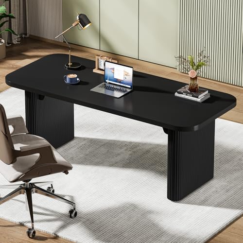 Tribesigns 62-Inch Modern Executive Desk, Wood Office Desk, Large Aesthetic Computer Desk with Double Pedestal, Workstation for Home Office (Black)