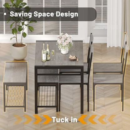 43.3" Dining Table Set for 4, Kitchen Table with Bench & 2 Chairs Modern Rectangular Metal Frame Dining Furniture Set for Small Space (Grey)