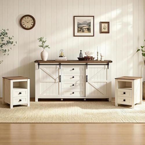 3-Piece Farmhouse Bedroom Furniture Set with Dresser and 2 Nightstands, Sliding Barn Door Wood Storage Set for Bedroom, Distressed White