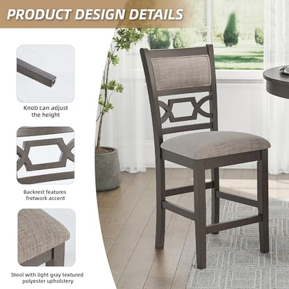 Signature Design by Ashley 5-Piece Round Counter Height Dining Table Set, Wrenning Collection, with 4 Upholstered Bar Stools, Wood and Mindi Veneer, 2 Storage Shelves for Dining Rooms, Light Gray