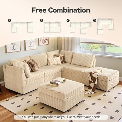 Large 6 Seat Modular Sectional Couch with Ottoman Seat Corduroy Sleeper Sectional Sofa Bed Oversized Convertible Modular Couch for Living Room