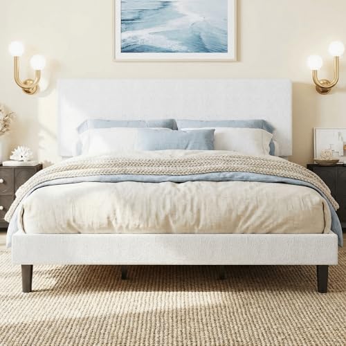 White Bouclé Upholstered King Bed Frame, view 2