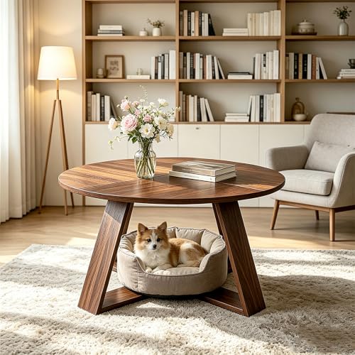 Round Coffee Table for Living Room, Circle Modern Coffee Table with Open Storage & Cross Base, Walnut Wooden Grain Accent Center Table for Small Space, Office, Apartment, Rustic Brown