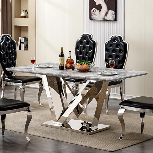 Marble Dining Table for 6 People, 70'' Rectangle Faux Marble Dining Table with Mirrored Stainless Steel Base, Large Size Marble Kitchen Table (Silver,Grey)(ONLY Table)