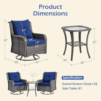 Wumiokio Patio Furniture Sets, 3 Pieces Wicker Outdoor Furniture - 360 Degree Swivel Rocking Chairs and Rattan Side Table for Garden,Porch,Backyard (Grey Wicker/Blue Cushion, 3PCS - Swivel Chairs)