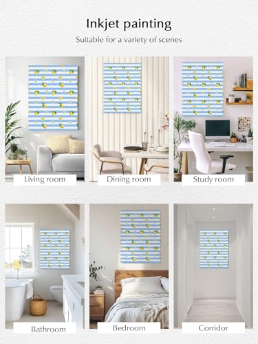 NuYeBiofx Country Lemon Flower Blue Stripe Canvas Wall Art Prints,30"x20" Framed Picture Artwork Farmhouse Fruit Floral Line Printed Canvas Oil Painting for Living Room Bedroom Office,Ready to Hang