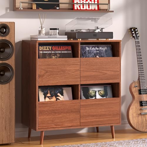 Record Player Stand with Vinyl Storage, Mid-Century, Brown, view 2