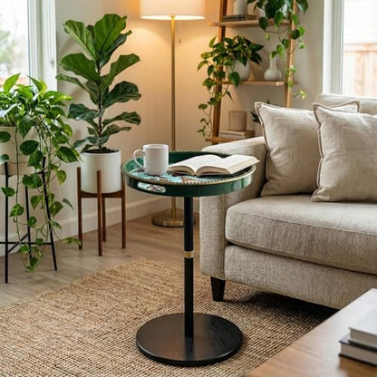 Boho Single Leg Round Side Table with Tray Top, Pedestal Drink Table for Small Spaces, Aesthetic Accent Nightstand for Living Room, Bedroom, Corners, and Office (Green Leopard)