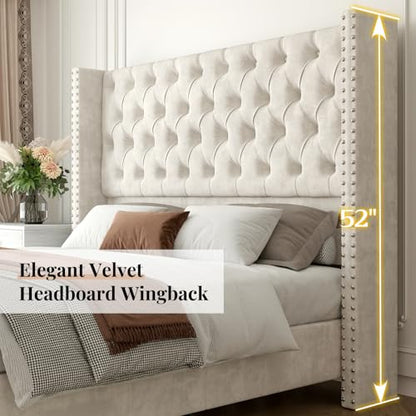 Queen Size Bed Frame Velvet Upholstered Platform Bed with 51.6" Tall Wingback Headboard Deep Button Tufted, No Box Spring Needed, Cream