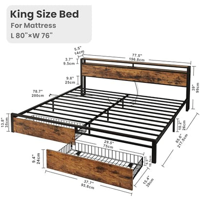 King Size Bed Frame with Headboard, 2 Drawers and Charging Station, view 3