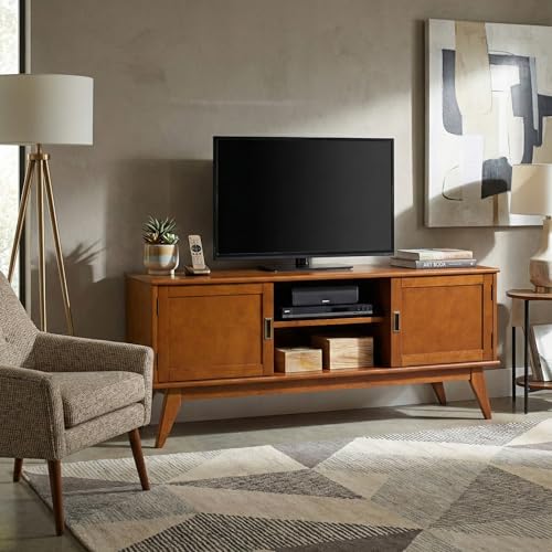Draper TV Stand - 60 inch Wide Solid Wood Low Media Console in Teak Brown, Mid Century Modern Entertainment Center for Living Room for TVs up to 65 Inches with Cabinets and Cable Management
