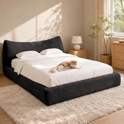Queen Corduroy Cloud Bed Frame with Cat-Ear Design, Black, view 2