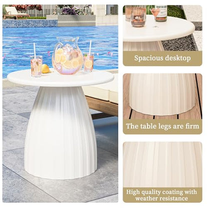 Round Small Patio Side Table, Patio Furniture Accent End Table, Metal Steel Outdoor Side Table, for Garden, Pool, Yard, Balcony, Living Room, Deck, Weather Resistant, No Assembly, Beige White