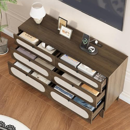 Rattan 6-Drawer Storage Dresser with USB Ports and Power Outlets, Wooden Chest for Bedroom and Living Room, Natural Oak Finish