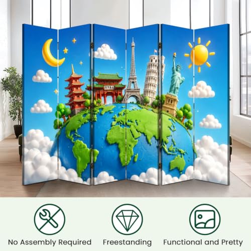 6 Panels Folding Screen Room Divider Whimsical World Landmarks Globe Vibrant Sky Clouds Boho Divider for Room Separation Portable Privacy Partition Screen Indoor