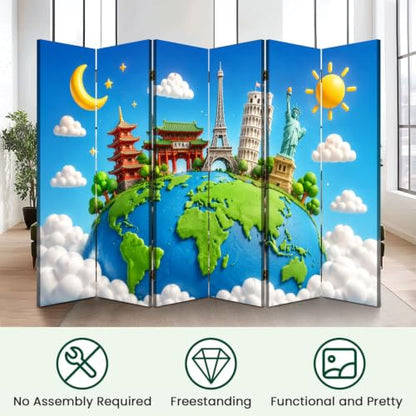 6 Panels Folding Screen Room Divider Whimsical World Landmarks Globe Vibrant Sky Clouds Boho Divider for Room Separation Portable Privacy Partition Screen Indoor