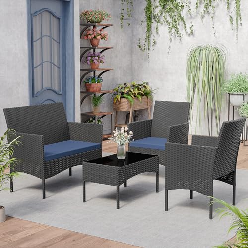 Patio Furniture Set 4 Pieces Outdoor Wicker Rattan Chairs Conversation Sets w/Coffee Table, Rocking Bistro Set, for Deck,Patio,Backyard,Lawn (Navy Blue)