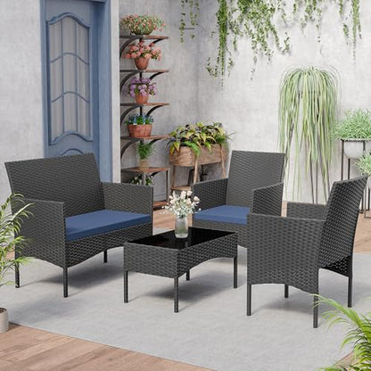 Patio Furniture Set 4 Pieces Outdoor Wicker Rattan Chairs Conversation Sets w/Coffee Table, Rocking Bistro Set, for Deck,Patio,Backyard,Lawn (Navy Blue)