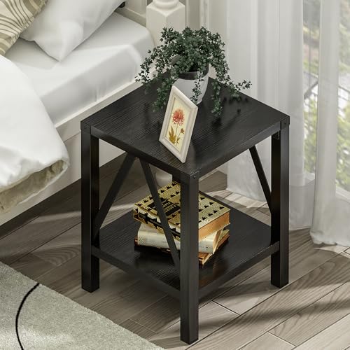 Farmhouse End Table Set of 2, Rustic Vintage Nightstand Side Table with Shelf for Living Room, Black