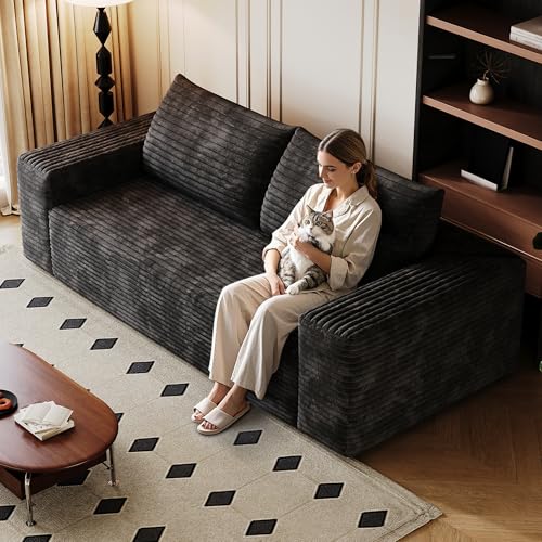 63" Cloud Loveseat Boneless Sofa Couch in a Box, No Assembly Required 2 Seater Foam Compression Couches, Modern Living Room Floor Sofa Couch Corduroy Small Love Seat