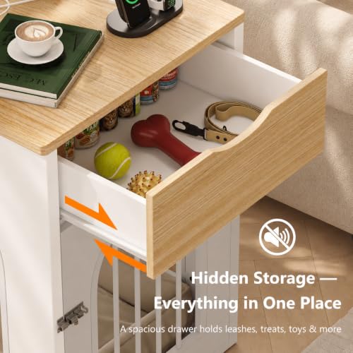 Dog Crate Furniture with Drawer and Charging Station, White, view 5