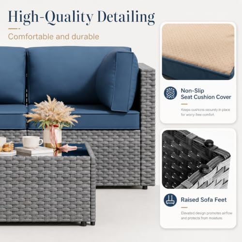 5-Piece Patio Furniture Set, All-Weather Wicker Outdoor Sectional Sofa with Soft Cushions, Modular Conversation Set for Backyard, Deck, Garden & Poolside(Aegean Blue Cushion)