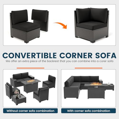 7 Piece Patio Furniture Set with Fire Pit Table, Outdoor Sectional Conversation Sets Black Wicker Rattan Sofa with Coffee Table for Patio Garden Backyard, 4'' Thickened Cushion Black