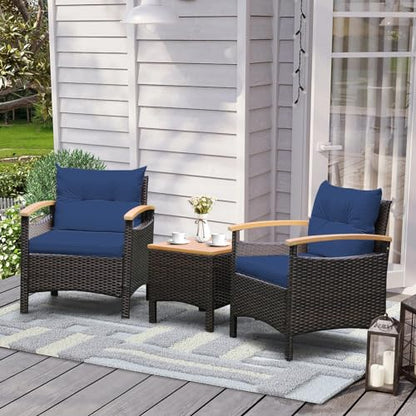 3-Piece Patio Furniture Set, Patiojoy Outdoor Rattan Sofa Set with Coffee Table, Patio Conversation Set with Removable Cushion, Cozy Acacia Wood Armrests for Backyard, Poolside (Navy)