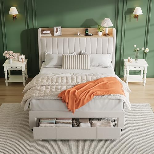 Platform Bed Frame Queen, Storage Headboard, Charging Station, Beige, view 4