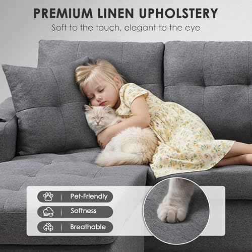 Sectional Sofa Couch, Modern 4-Seaters Living Room Furniture Sets with Reversible Chaise Lounge & 2 Pillows | L Shape Couch | Cup Holders | Linen Fabric, Gray