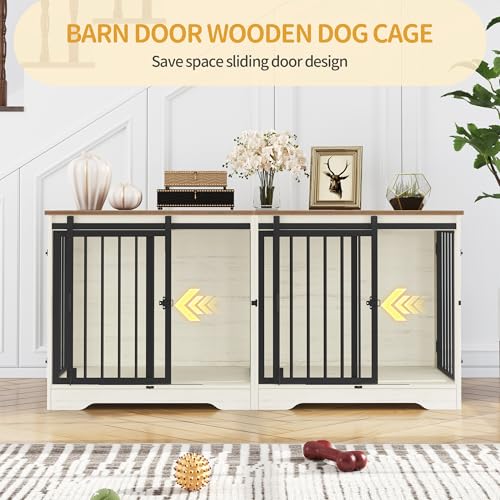 53.3" Dog Crate Furniture for 2 Dogs, Double Dog Cage with Divider, Wooden Heavy Duty Dogs Kennel, Pet Cage with Barn Door, TV Stand for Large Small Medium Pet, White Brown DFC88314B