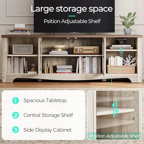 TV Stand for 75 Inch TV, Modern Farmhouse Entertainment Center with Storage Cabinets and Glass Doors, Tall Media Console Table for Living Room, Bedroom, Large Long Television Stand, Beige