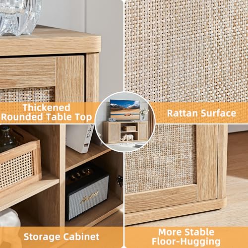 Rattan TV Stands for Living Room, Boho TV Cabinet with Storage and Open Shelf, Rustic Wood Entertainment Center, Media Console for 50-65 Inch TV, Natural Wood