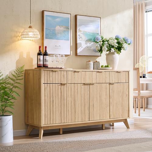 60 Inch Fluted Buffet Sideboard Cabinet, Natural Oak, view 4