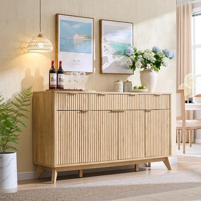 60 Inch Fluted Buffet Sideboard Cabinet, Natural Oak, view 4