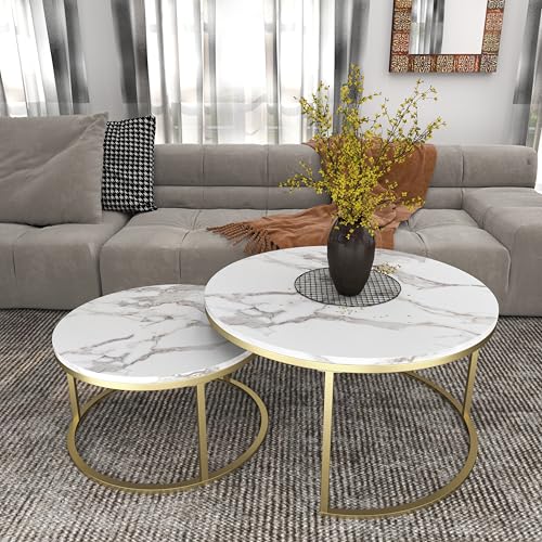 Nesting Coffee Table Set of 2, 31.5" Round Coffee Table Wooden Marble Pattern Accent Furniture, Industrial End Table for Living Room Bedroom Balcony (White/Gold)