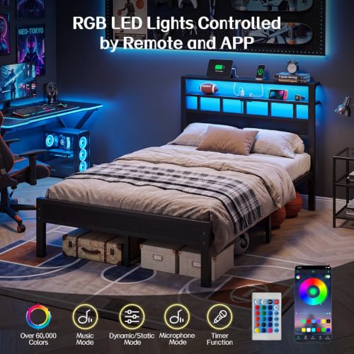 Full Size Wooden Bed Frame with Lights, view 6