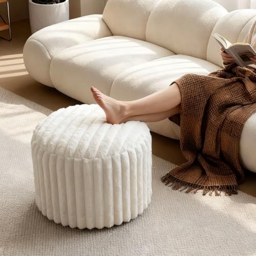 Round Stuffed Pouf Ottoman, Stripe Faux Fur Footrest, Solid Block Support+Soft Cushion Comfort, Removable Washable Cover, 20" Floor Pouf for Living Room Bedroom Dorm Vanity, Cream Beige